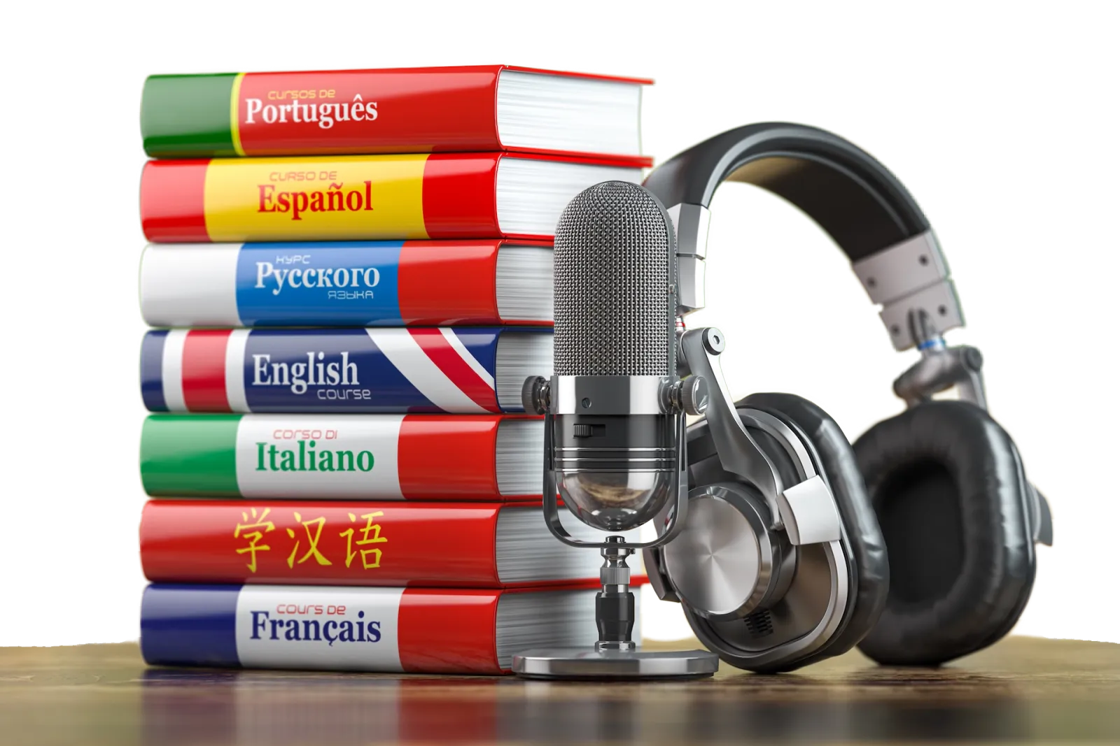 Language learning books, microphone and headphones — listen and speak any language with ShadowingPRO